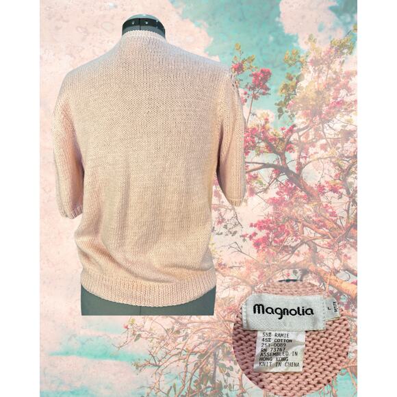 Vintage 80s Magnolia Petal Pink Pearl Cotton Ramie Short Sleeve Sweater LP - Picture 3 of 3